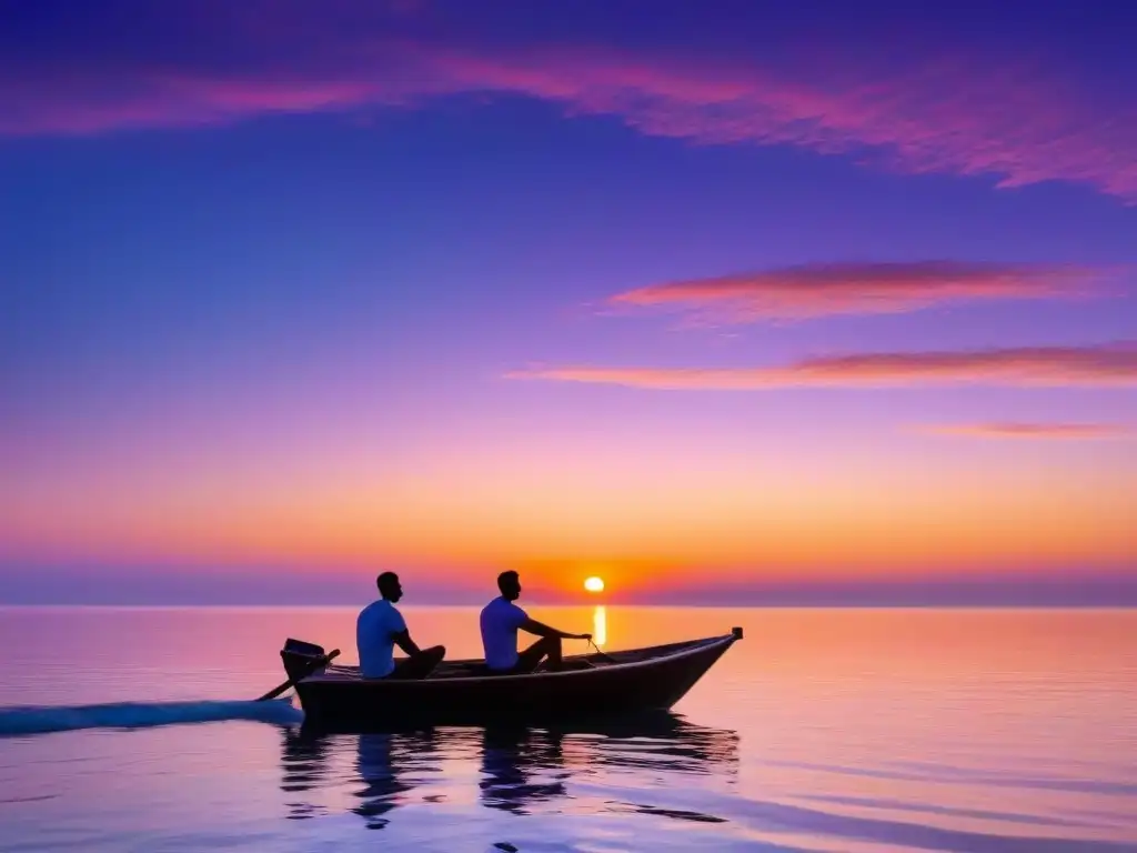 Una pareja se toma de las manos en un bote al atardecer sobre el mar, representando retiros de bienestar en cruceros