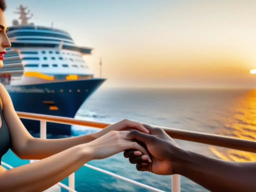 Una pareja serena disfruta del atardecer en un lujoso crucero, reflejando bienestar y conexión