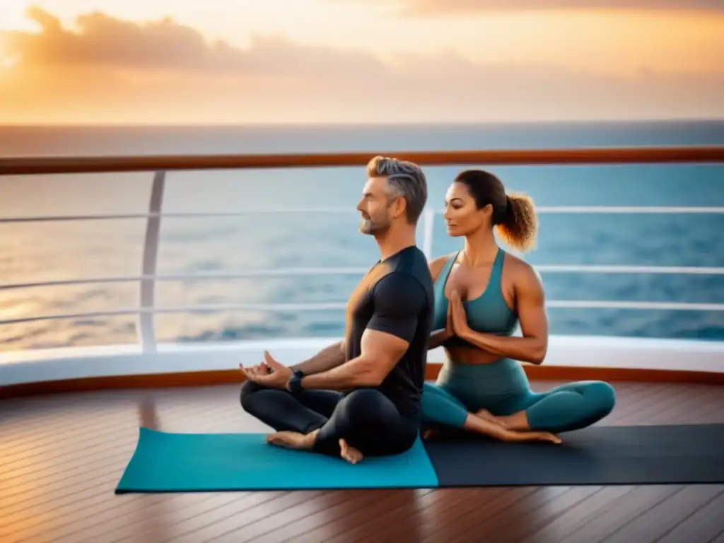 Una pareja disfruta de una sesión de yoga al atardecer en un lujoso crucero, con olas calmas y una atmósfera relajante