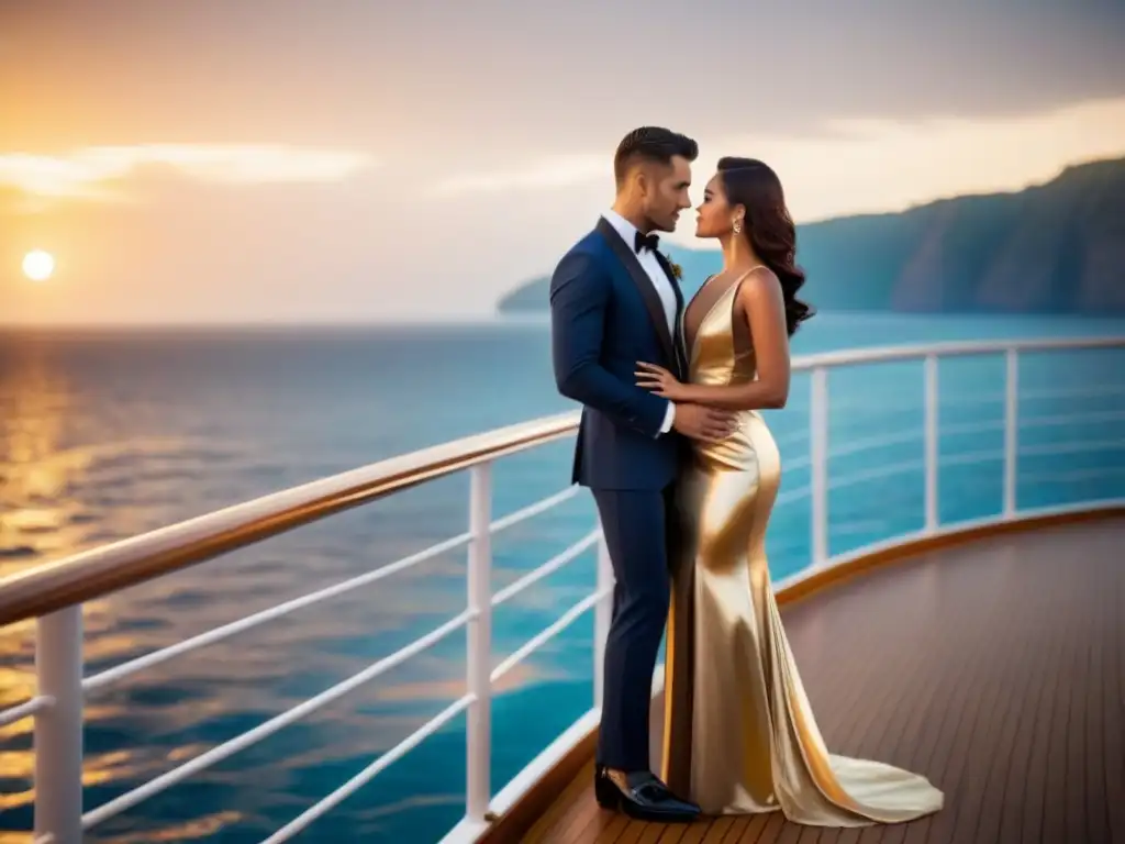 Una pareja sofisticada en un lujoso crucero al atardecer, vestidos elegantes