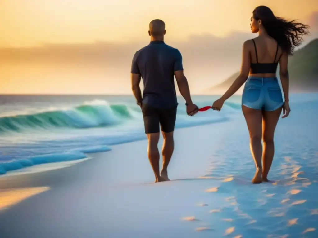 Una pareja camina tomada de la mano en una playa de arena blanca al atardecer, creando un ambiente romántico