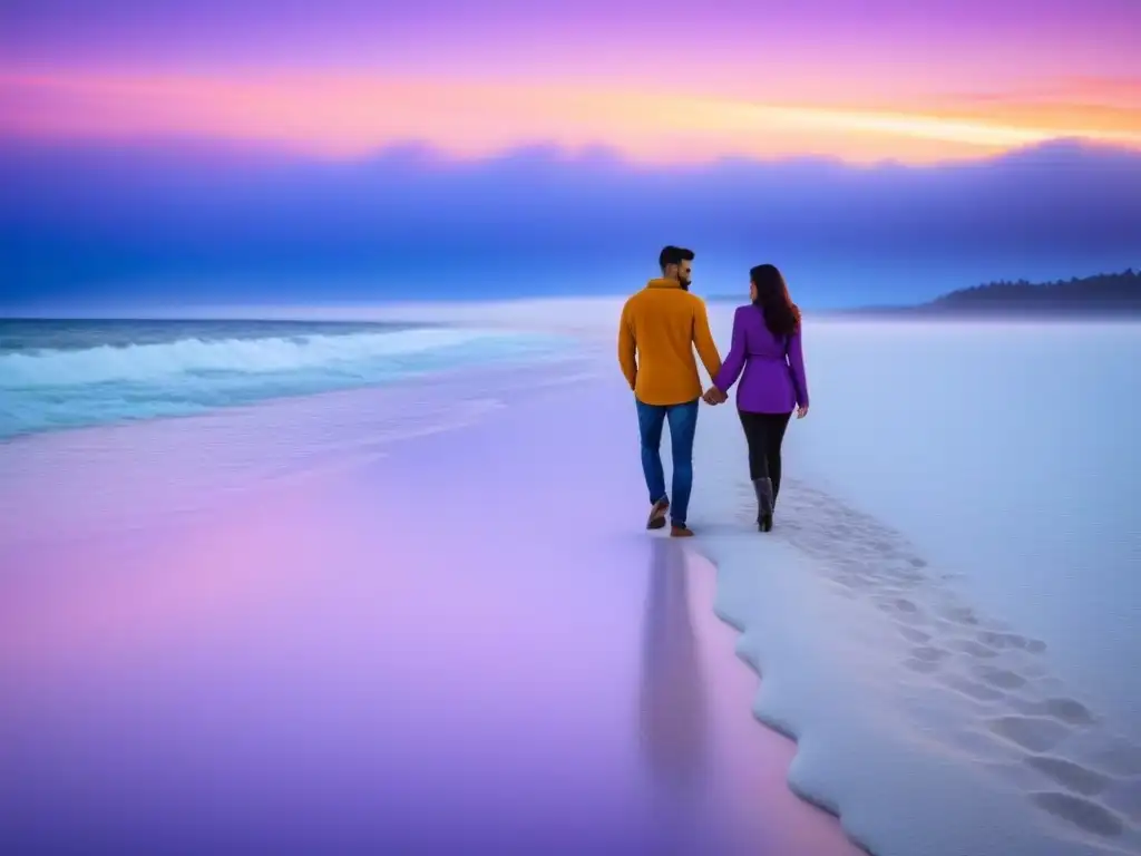 Una pareja camina tomada de la mano en una playa al atardecer, con un cielo de tonos pastel reflejados en el mar