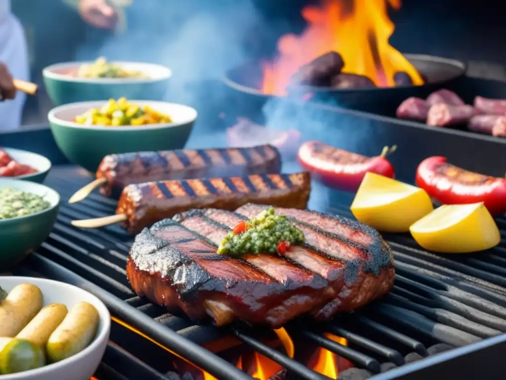 Una parrilla llena de suculentas carnes sudamericanas y vegetales a la parrilla en un festival gastronómico