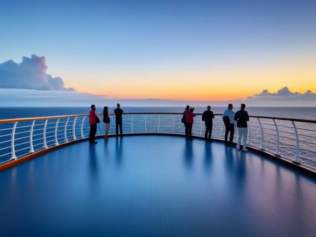 Pasajeros disfrutan de actividades de entretenimiento en cruceros al atardecer en cubierta