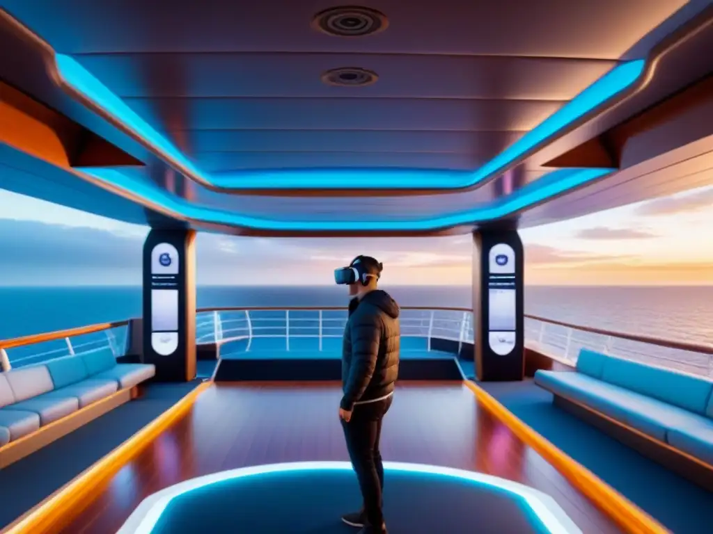 Pasajeros disfrutan de actividades de realidad virtual en crucero al atardecer