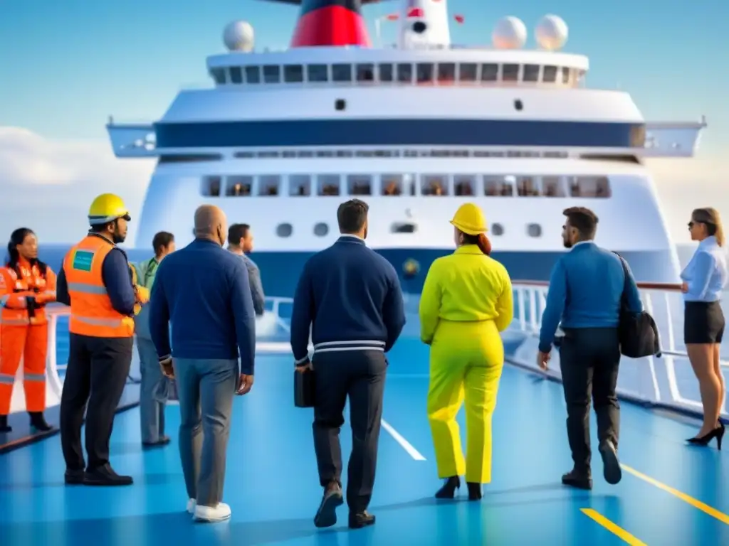 Diversos pasajeros revisan calmos los procedimientos de evacuación de emergencia en crucero bajo un cielo azul