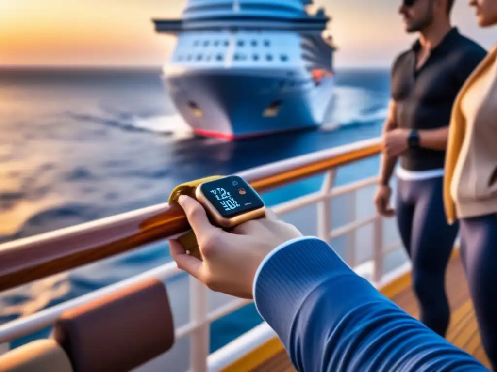 Pasajeros en un crucero al atardecer con tecnología wearable integrada