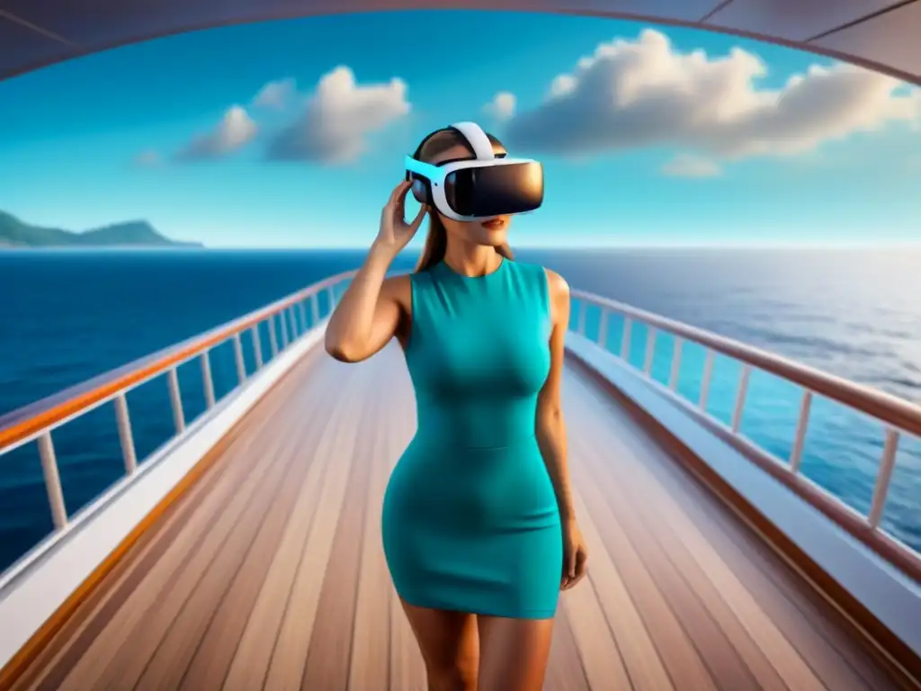 Pasajeros en un crucero futurista disfrutan de destinos exóticos en realidad virtual