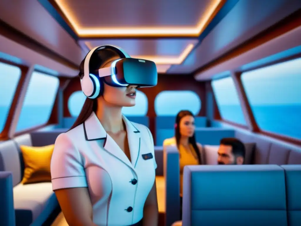 Pasajeros en un crucero futurista disfrutan de destinos exóticos en Realidad virtual