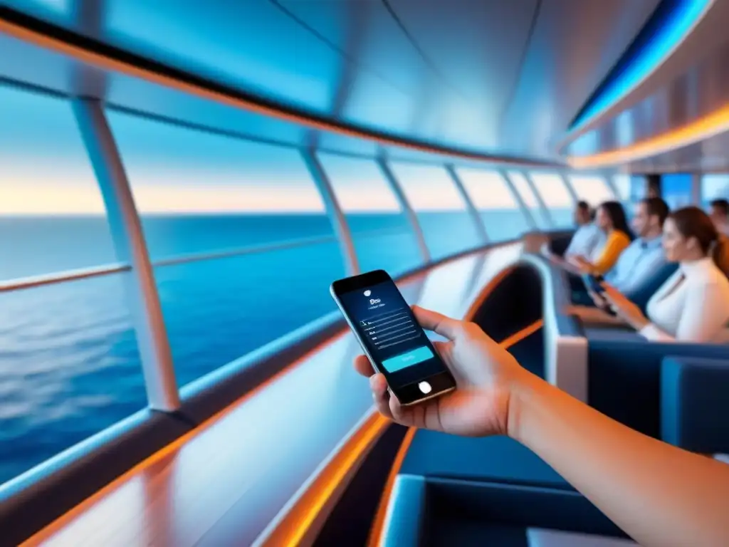 Pasajeros en un crucero futuro usando tecnología sin contacto para hacer compras, con vista al mar