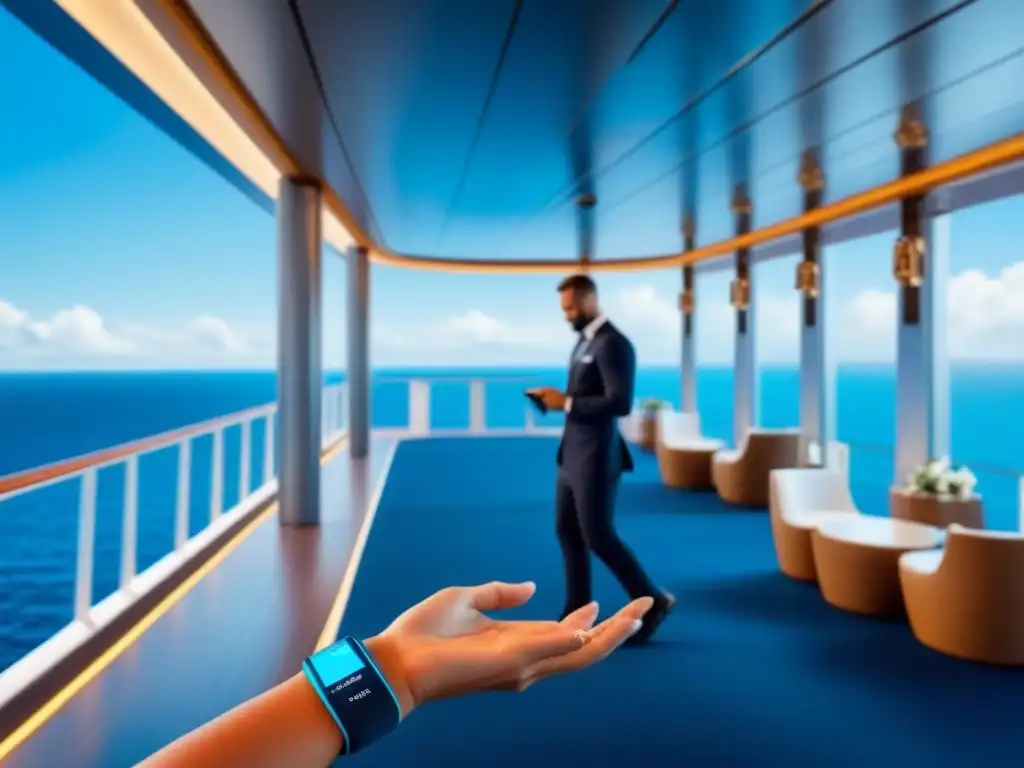 Pasajeros en un crucero de lujo realizando pagos sin contacto con pulseras RFID