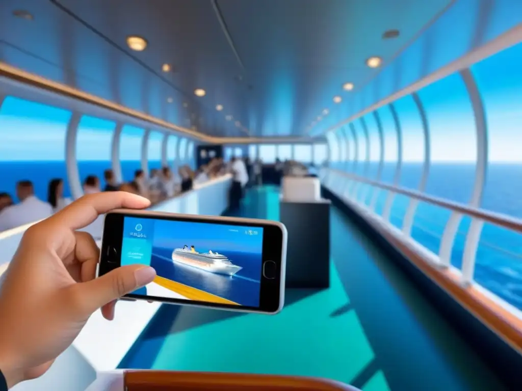 Pasajeros en crucero realizando pagos sin contacto en tiendas y restaurantes a bordo con tecnología sin contacto en cruceros