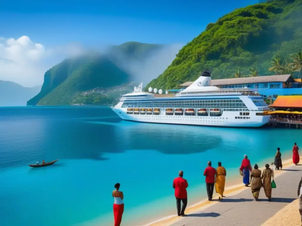 Pasajeros de cruceros disfrutan de experiencias únicas al desembarcar en un puerto vibrante lleno de coloridas artesanías y frutas tropicales