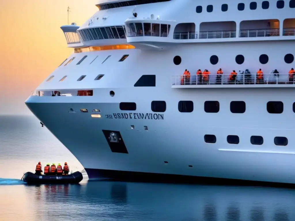 Pasajeros practicando evacuación de emergencia en crucero al atardecer