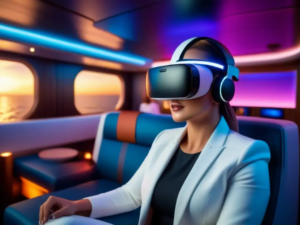 Pasajeros en un lounge futurista de realidad virtual en un crucero, decorado en blanco minimalista con luces neón