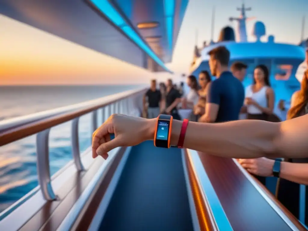 Pasajeros realizando pagos sin contacto en un crucero moderno al atardecer, con vistas al mar