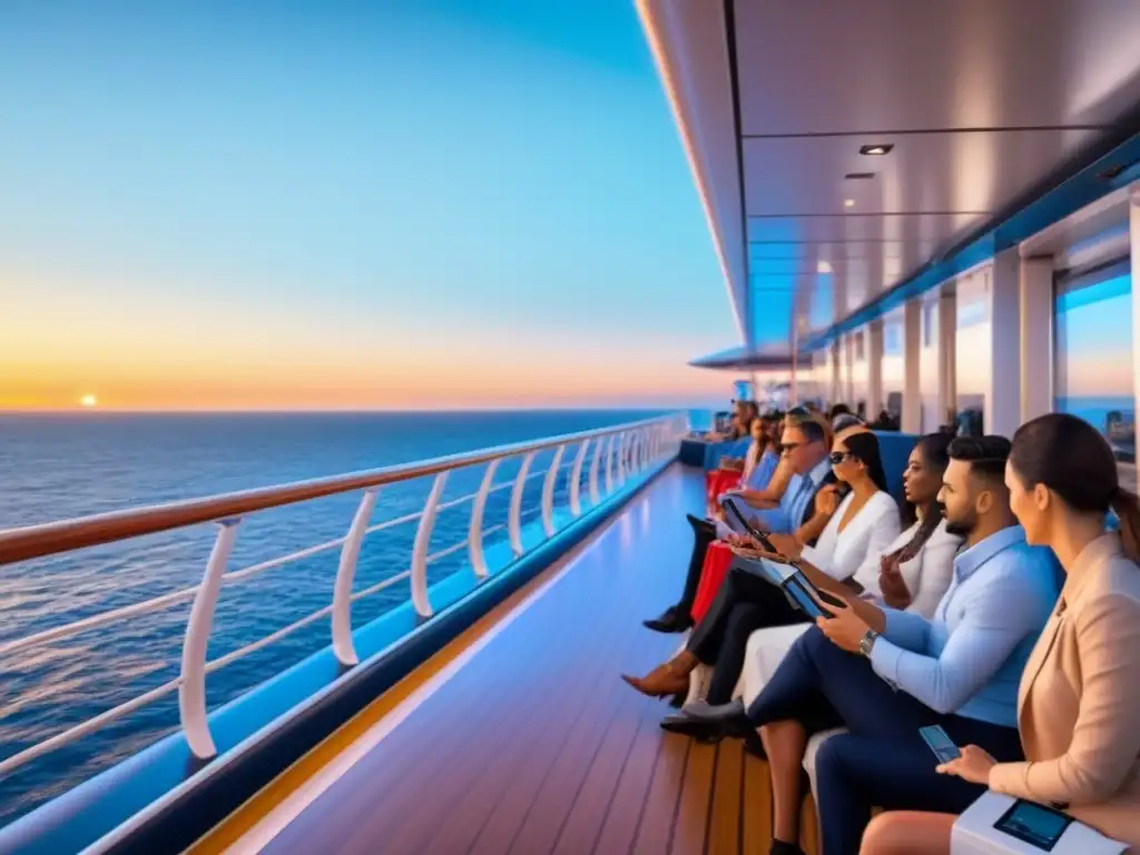 Pasajeros realizando pagos sin contacto en cruceros al atardecer