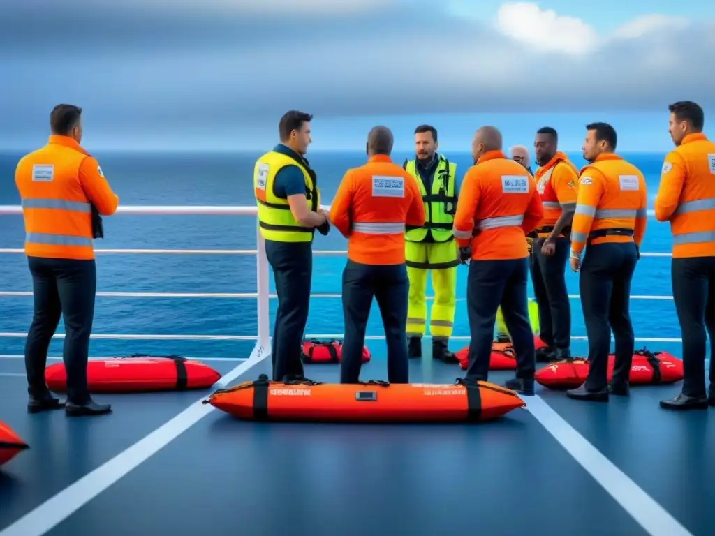 Pasajeros siguen protocolo emergencia en crucero, colocándose chalecos salvavidas bajo guía de tripulación