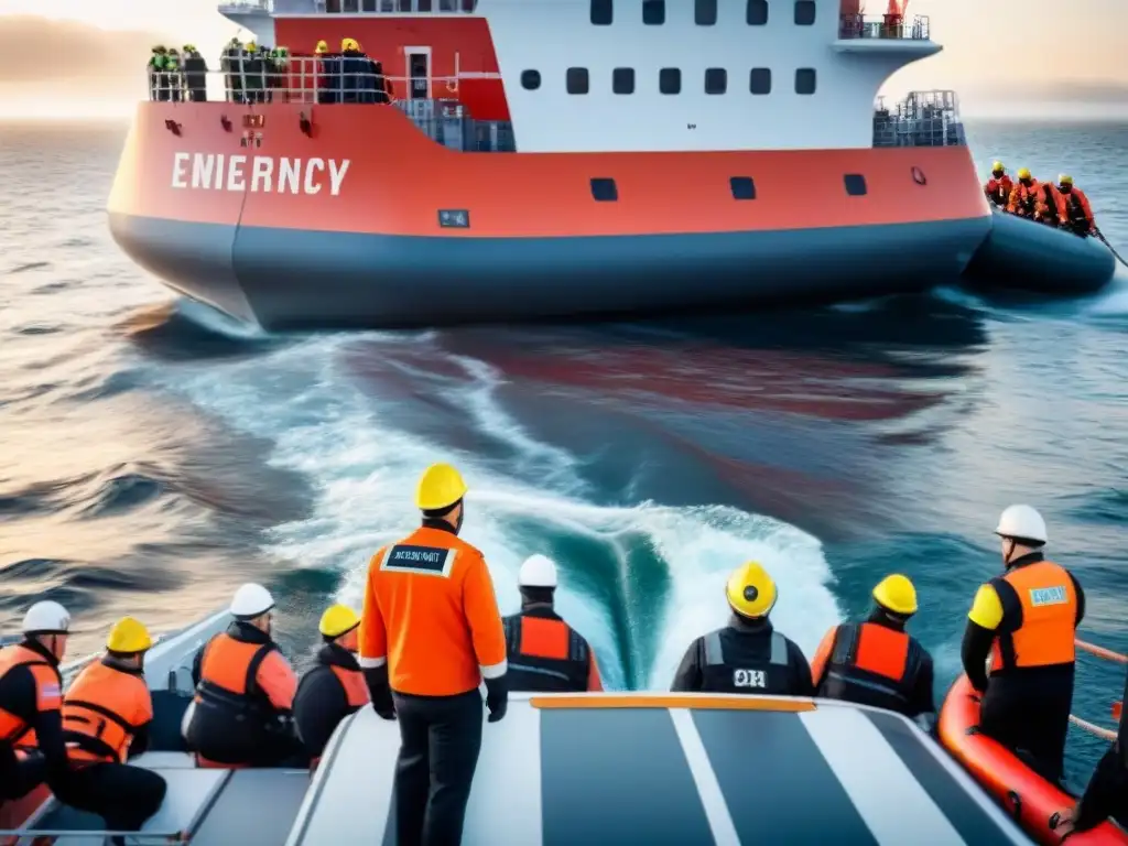 Pasajeros siguen protocolos de seguridad durante evacuación de barco, con tripulación y botes salvavidas