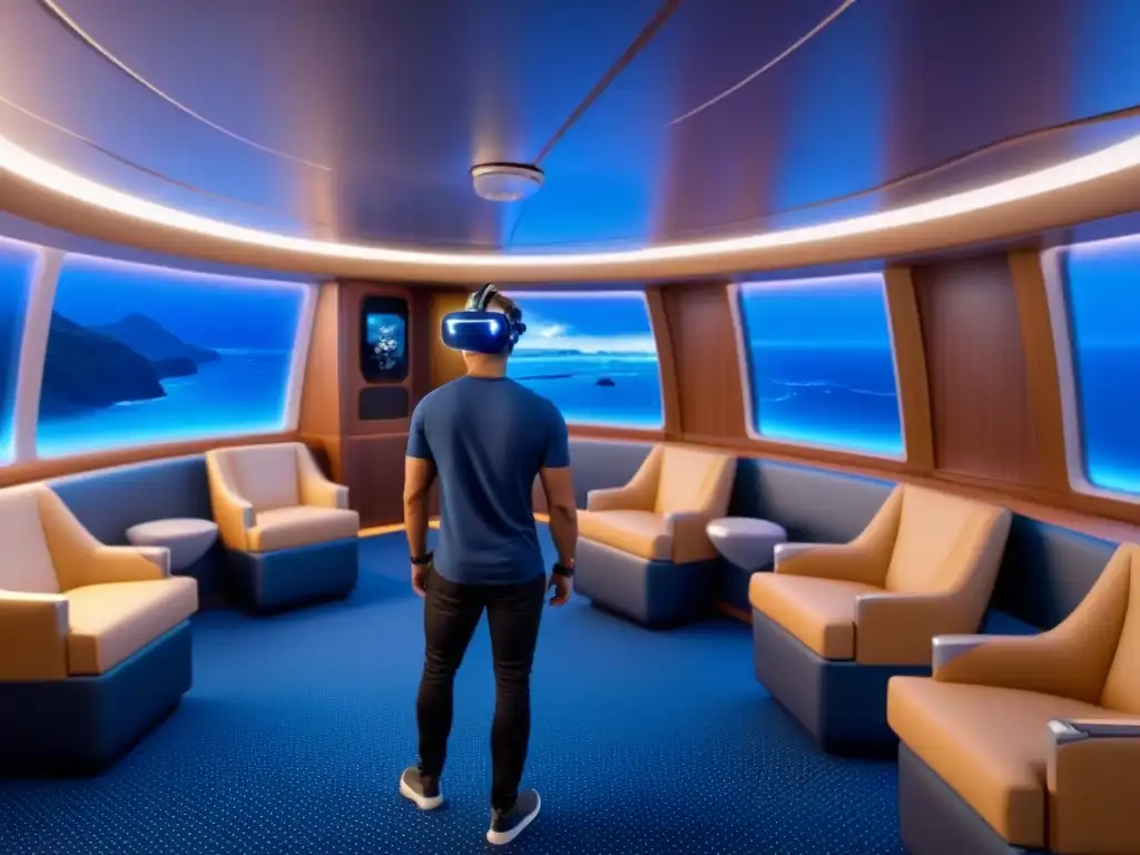 Pasajeros disfrutan de la Realidad Virtual en cruceros de lujo, inmersos en una experiencia futurista en una cubierta moderna bañada en luz azul