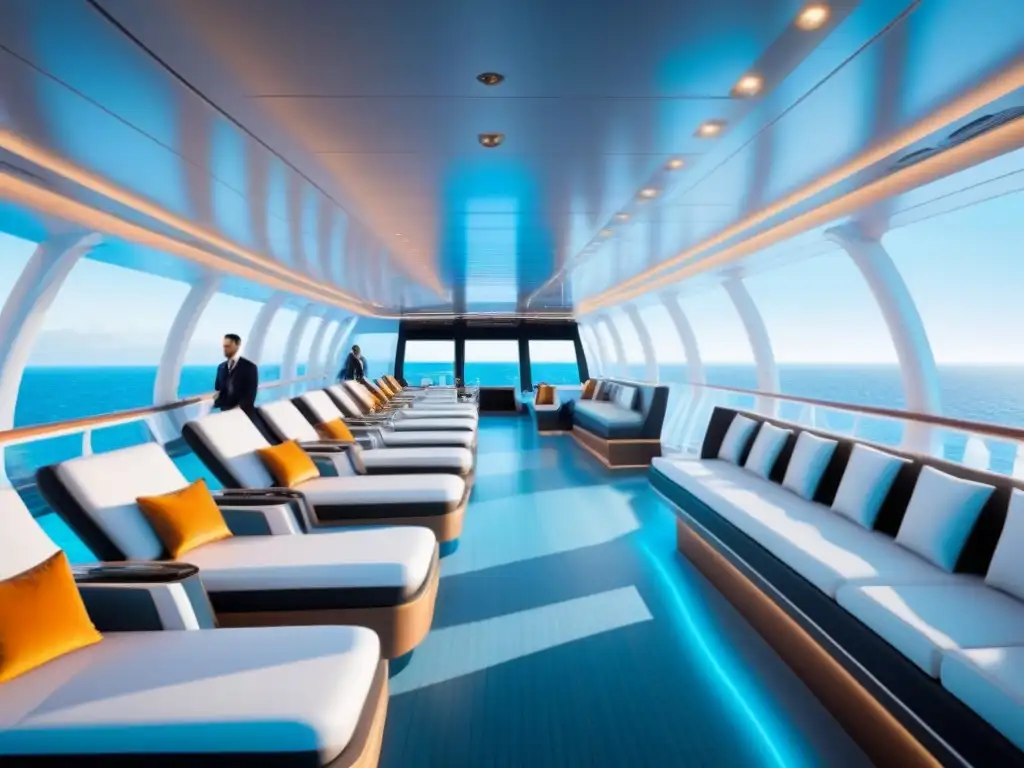Pasajeros disfrutan de la Tecnología sin contacto en cruceros, en un elegante y futurista deck con vista al mar