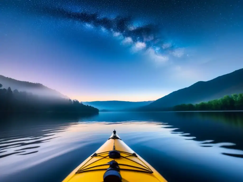 Paseo en kayak nocturno bajo estrellas en un lago sereno y tranquilo