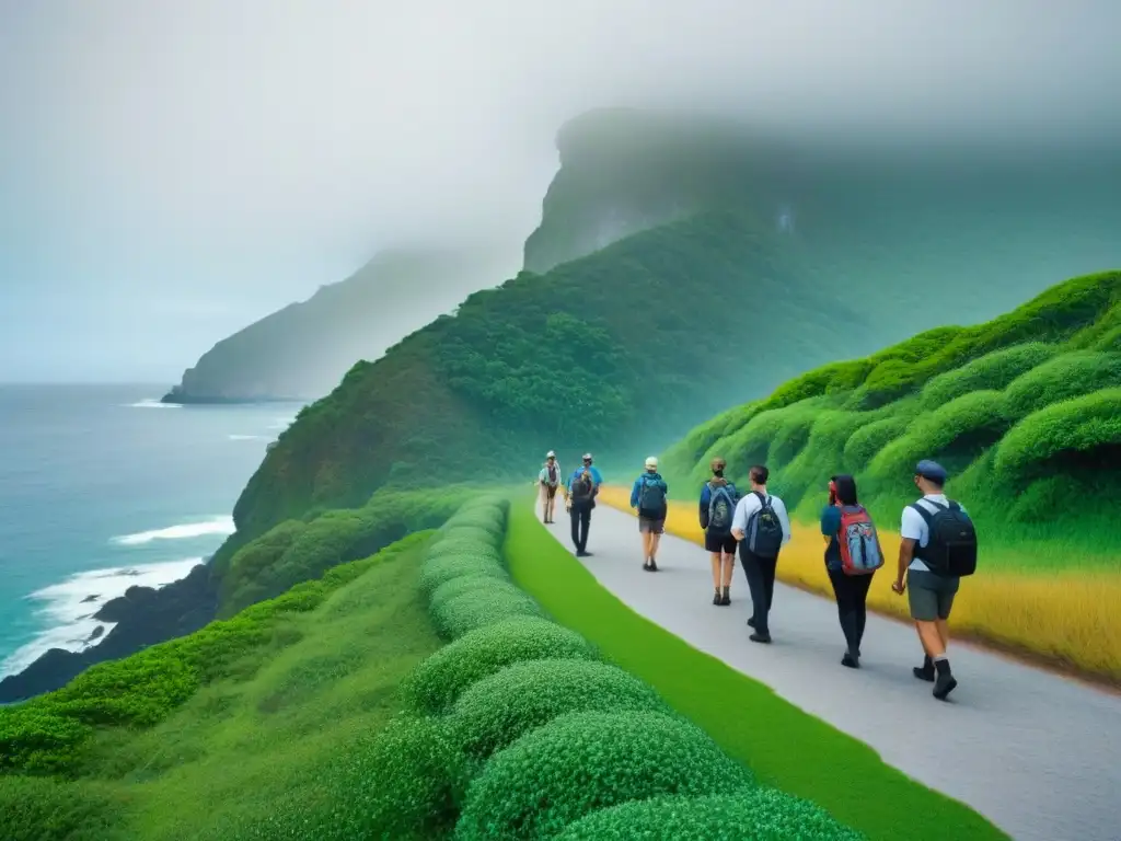 Un paseo seguro por la costa: turistas siguiendo al guía en un sendero junto al mar