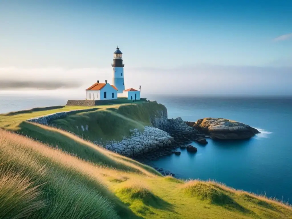 Patrimonio marítimo UNESCO conservación: paisaje costero sereno con ruinas antiguas de un faro, mar tranquilo y cielo azul