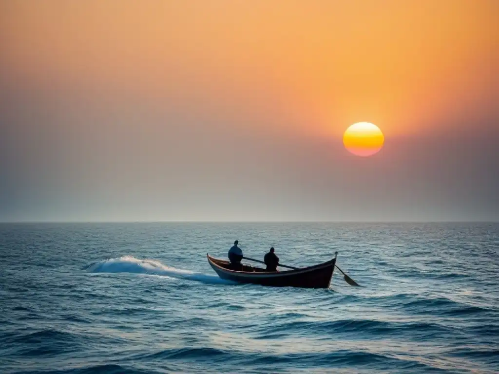 Pequeño barco navega hacia un amanecer brillante en un vasto océano, simbolizando la Ruta de crecimiento en turismo marítimo