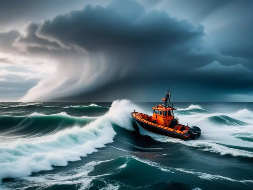 Un pequeño bote resistiendo las olas en una tormenta marina intensa, simbolizando la seguridad y supervivencia en emergencias en el mar protocolo