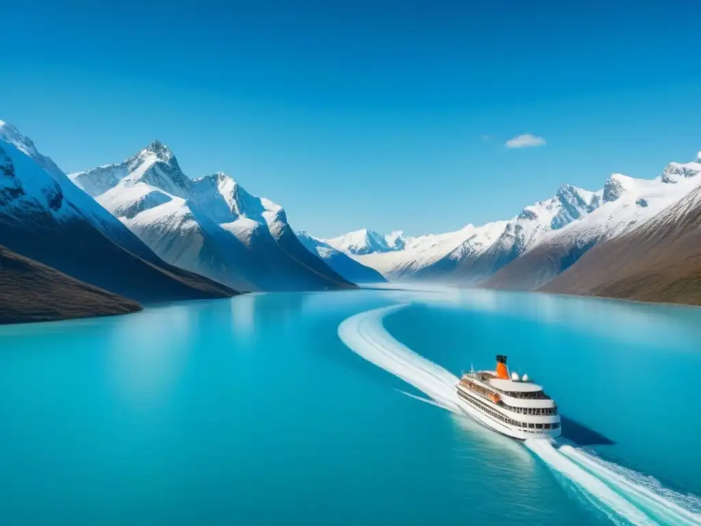 Un pequeño crucero de lujo surca aguas turquesas heladas entre majestuosas montañas nevadas, con pasajeros admirando el paisaje