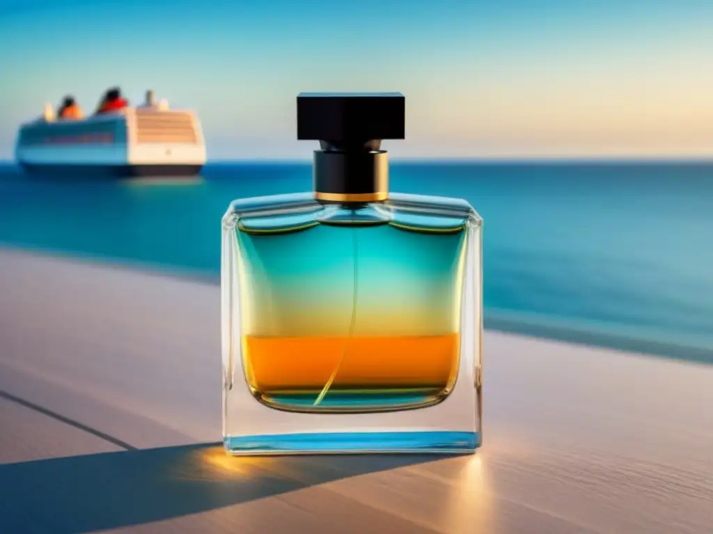 Un perfume elegante junto al mar con un crucero lejano, evocando lujo y sofisticación para un viaje en crucero