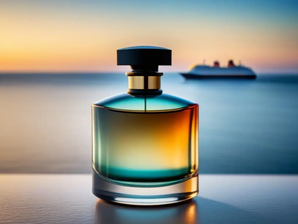 Un perfume elegante sobre una superficie reflectante, iluminado por una luz suave con un crucero al fondo