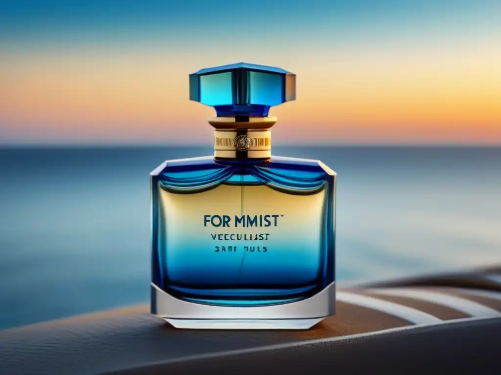 Un perfume lujoso con diseño náutico sobre un fondo de océano al atardecer