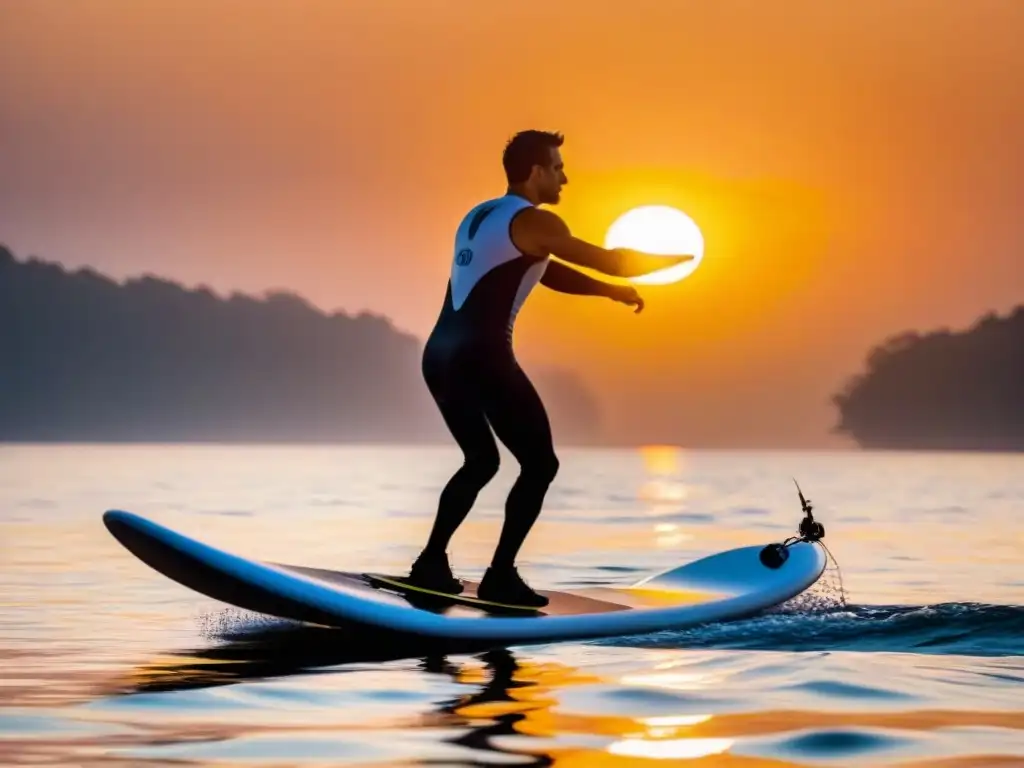 Persona deslizándose grácilmente sobre el agua en un hidroala al atardecer