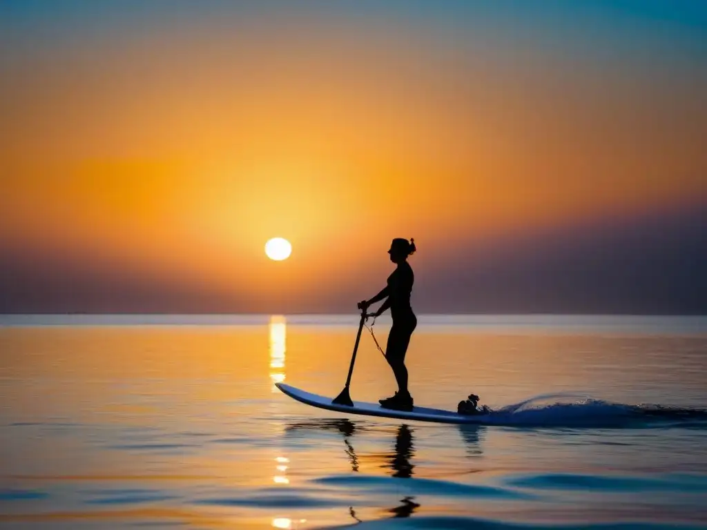 Persona surcando aguas tranquilas al atardecer con hidroalas