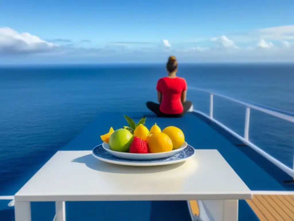 Persona disfrutando de una alimentación consciente en cruceros, con frutas frescas en cubierta