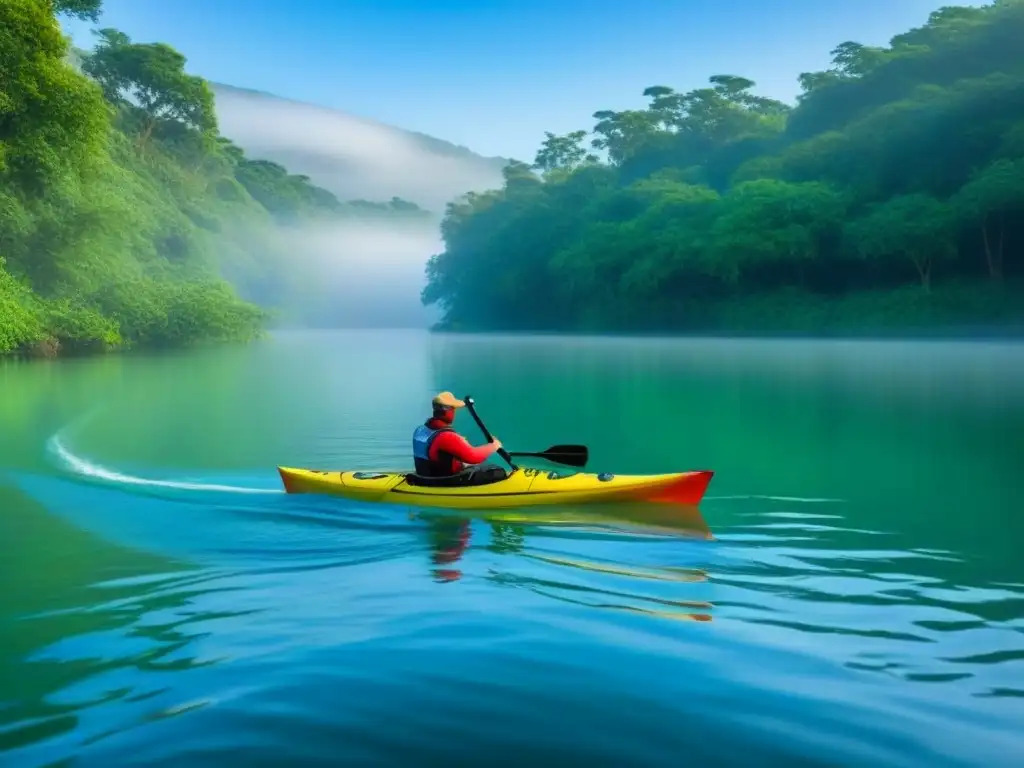 Persona disfrutando de los beneficios del kayak en aguas tranquilas rodeada de naturaleza