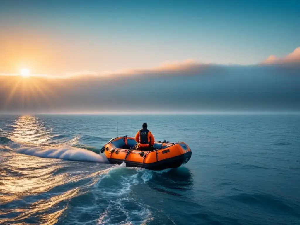 Persona en bote salvavidas en mar abierto al atardecer, transmitiendo calma en situaciones de emergencia