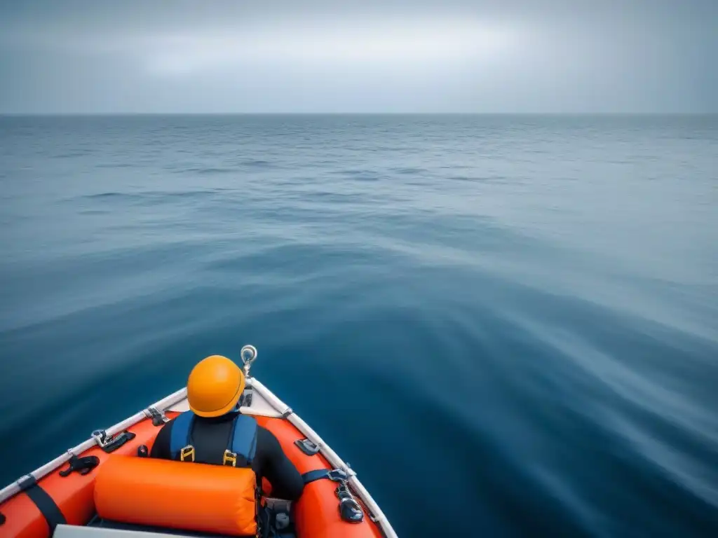 Persona en bote salvavidas en mar tranquilo bajo cielo azul, transmitiendo serenidad