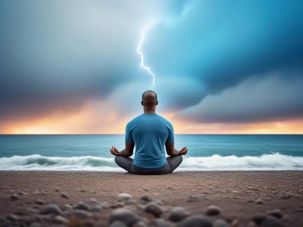 Persona en calma en situaciones de emergencia, meditando entre el caos y la urgencia