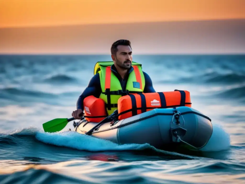 Persona en chaleco salvavidas ayudando a otros a subir a un bote en un mar tranquilo al atardecer