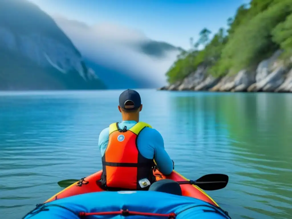 Persona inspeccionando detenidamente su chaleco salvavidas antes de salir a remar en kayak, con un cielo azul y aguas tranquilas al fondo