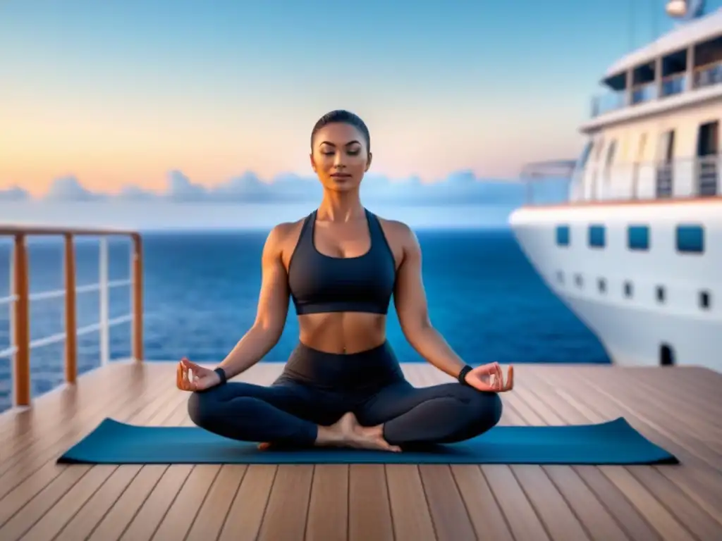 Una persona practica yoga al amanecer en un crucero de bienestar, rodeada de calma, simbolizando transformación personal