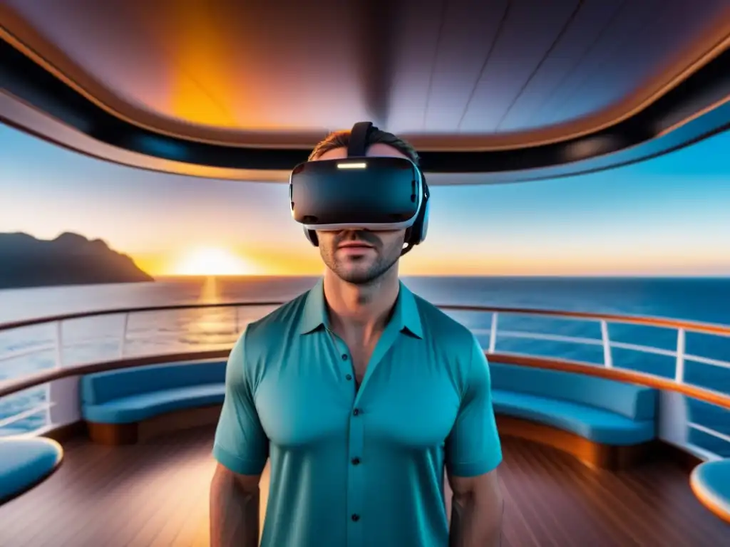 Persona en crucero de lujo usando realidad virtual para marketing de cruceros