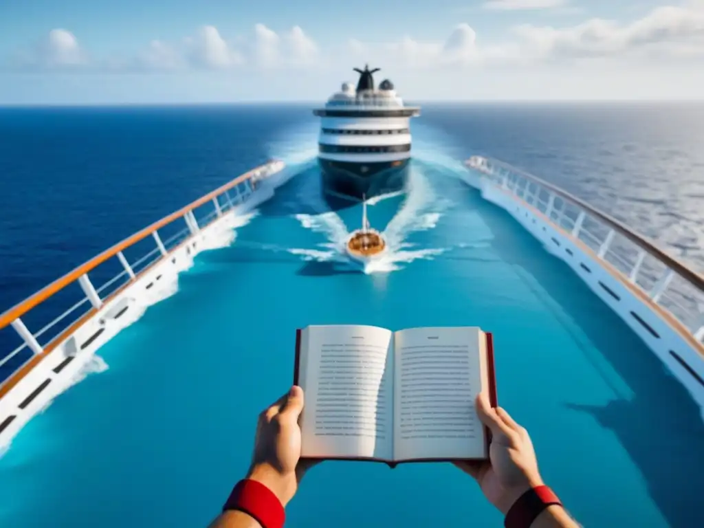 Persona en crucero, contemplando el mar con libro 'Idiomas y Mareas'