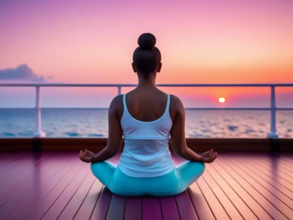 Persona meditando en crucero marítimo al atardecer, con mar en calma y cielo naranja y rosa vibrante