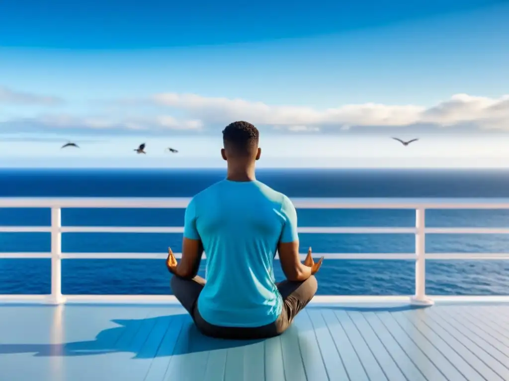 Persona meditando en crucero marítimo, rodeada de vistas oceánicas tranquilas y cielo azul