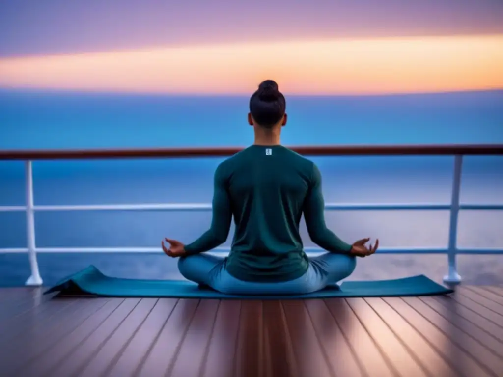 Persona meditando en crucero al amanecer, reflejando tranquilidad