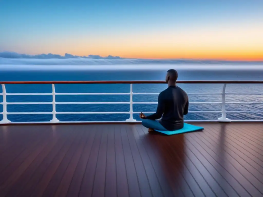 Persona meditando en cubierta de crucero al amanecer, conexión entre meditación guiada en cruceros y mar tranquilo